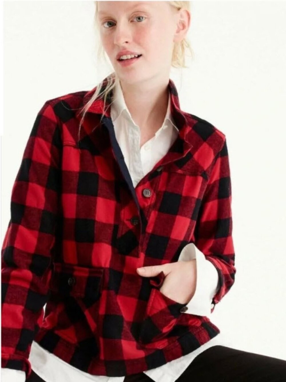 J.Crew Red Black Buffalo Plaid Wool Blend Pullover Shacket Tall Medium